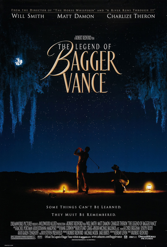 2000 US DS/Rolled The Legend of Bagger Vance poster. Film directed by Robert Redford, starring Will Smith, Matt Damon, Charlize Theron, Bruce McGill, Joel Gretsch, J. Michael Moncrief, Lane Smith, Jack Lemmon.