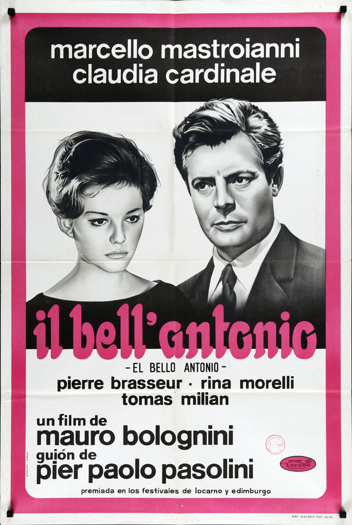1960 Argentinian SS/Folded (29x43in) Bell’ Antonio poster. Film directed by Mauro Bolognini, starring Marcello Mastroianni, Claudia Cardinale, Pierre Brasseur, Rina Morelli, Tomas Milian, Fulvia Mammi, Patrizia Bini, Anna Arena.