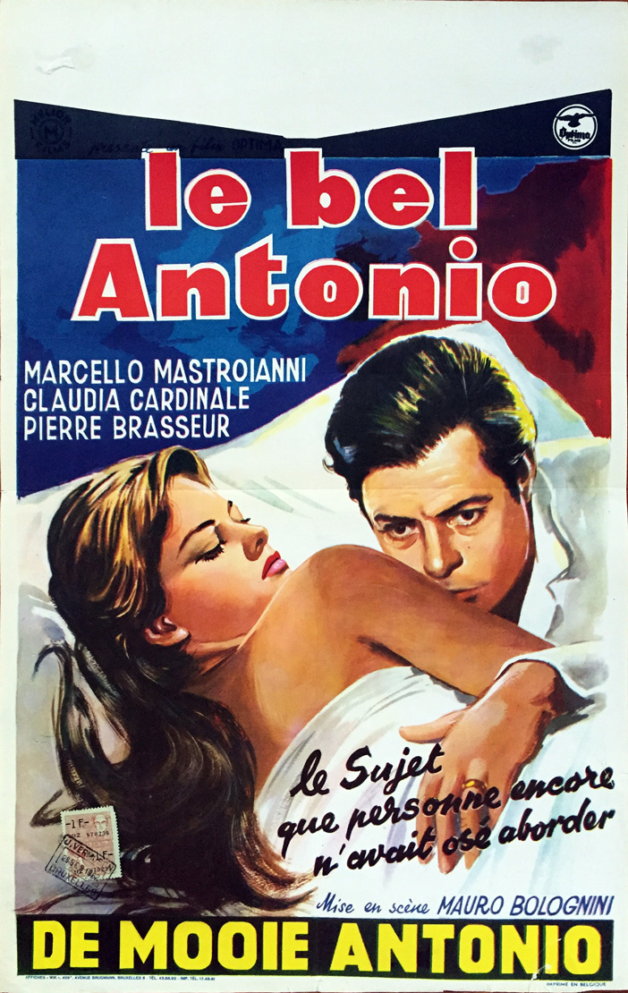 1960 Belgian SS/Folded (14x21in) Bell’ Antonio poster printed by Wik. Film directed by Mauro Bolognini, starring Marcello Mastroianni, Claudia Cardinale, Pierre Brasseur, Rina Morelli, Tomas Milian, Fulvia Mammi, Patrizia Bini, Anna Arena.