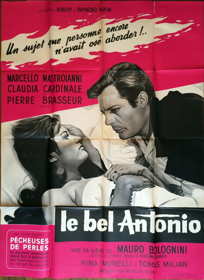 1960 French SS/Folded (47x63in) Bell’ Antonio poster. Film directed by Mauro Bolognini, starring Marcello Mastroianni, Claudia Cardinale, Pierre Brasseur, Rina Morelli, Tomas Milian, Fulvia Mammi, Patrizia Bini, Anna Arena.