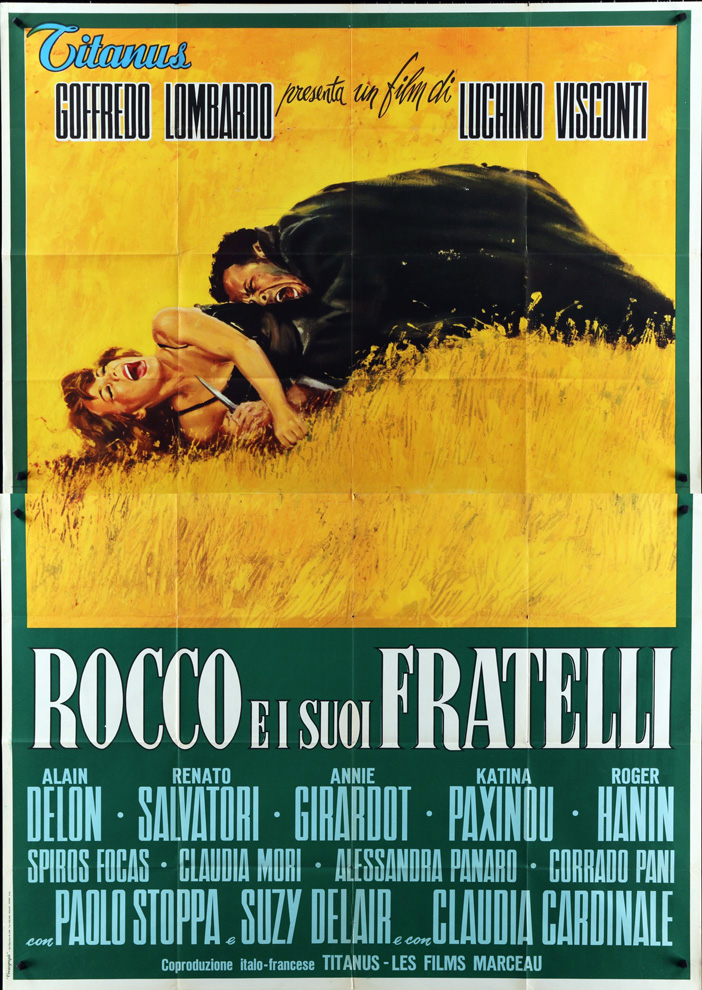 1960 Italian 4 Sheet SS/Folded (55x79in) Rocco and his Brothers poster. Film directed by Luchino Visconti, starring Alain Delon, Renato Salvatori, Annie Girardot, Katina Paxinou, Max Cartier, Alessandra Panaro, Spiros Focás, Rocco Vidolazzi, Claudia Cardinale, Claudia Mori, Adriana Asti, Enzo Fiermonte, Nino Castelnuovo.