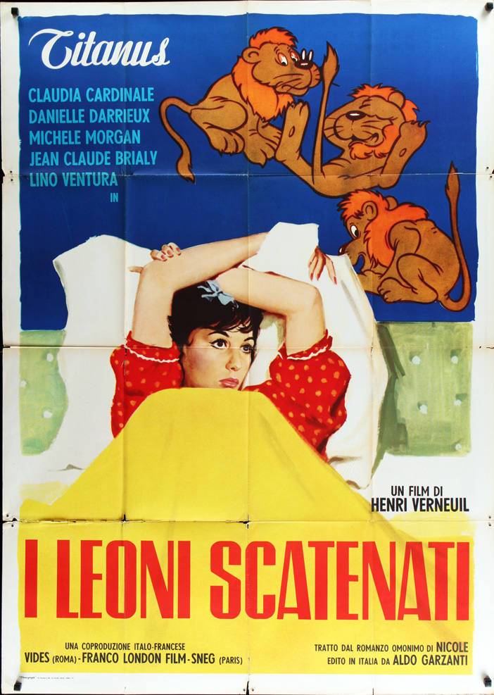 1960 Italian 2 Sheet SS/Folded (39x55in) The Lions Are Loose poster. Film directed by Henri Verneuil, starring Jean-Claude Brialy, Claudia Cardinale, Danielle Darrieux, Michèle Morgan, Lino Ventura, Denise Provence, Louis Arbessier, Daniel Ceccaldi.