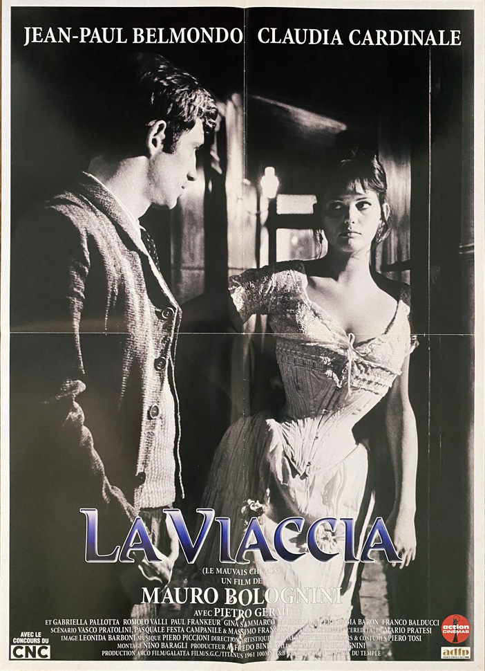 2000s French Re-Release SS/Folded (24x32in) La Viaccia poster. Film directed by Mauro Bolognini, starring Jean-Paul Belmondo, Claudia Cardinale, Pietro Germi, Romolo Valli, Gabriella Pallotta, Gina Sammarco, Marcella Valeri, Emma Baron.