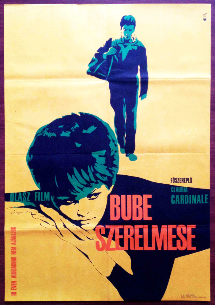 1963 Hungarian SS/Folded (22x32in) Bebo’s Girl poster designed by Sándor Ernyei. Film directed by Luigi Comencini, starring Claudia Cardinale, George Chakiris, Marc Michel, Dany París, Monique Vita, Carla Calò.