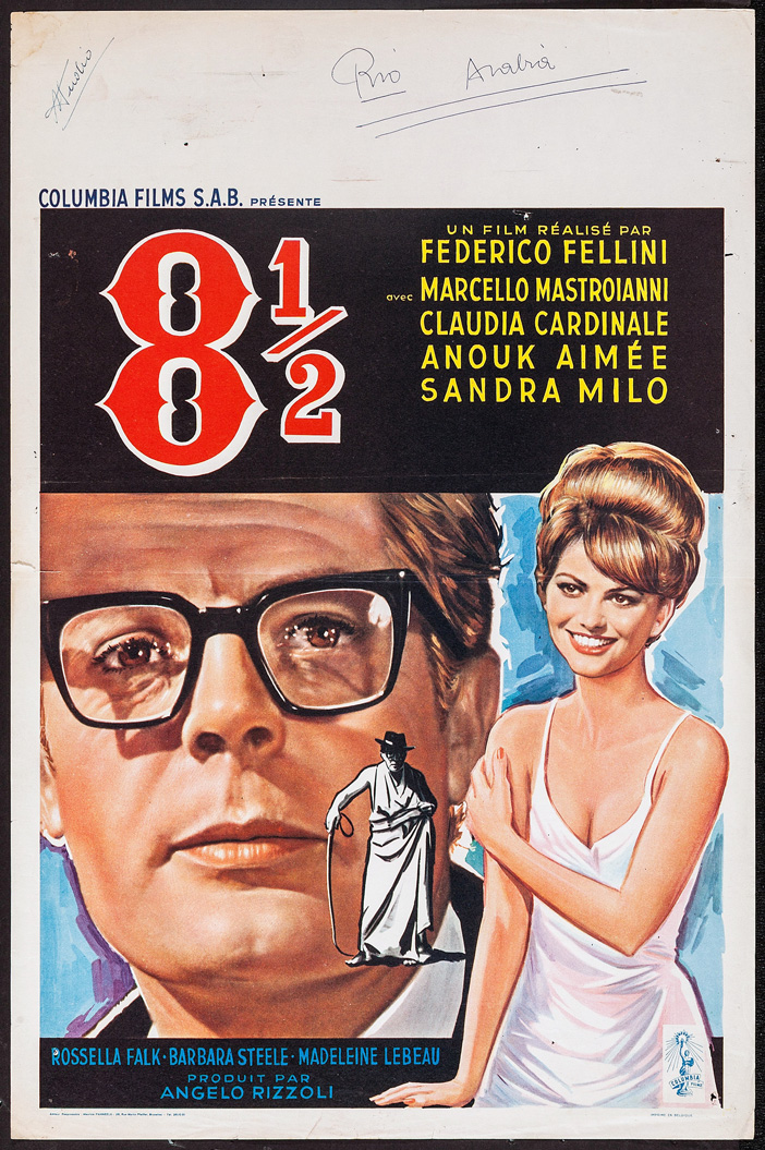 1963 Belgian SS/Rolled (14x22in) 8½ poster printed by Panneels. Film directed by Federico Fellini, starring Marcello Mastroianni, Claudia Cardinale, Anouk Aimée, Sandra Milo, Rossella Falk, Barbara Steele, Madeleine Lebeau, Caterina Boratto.