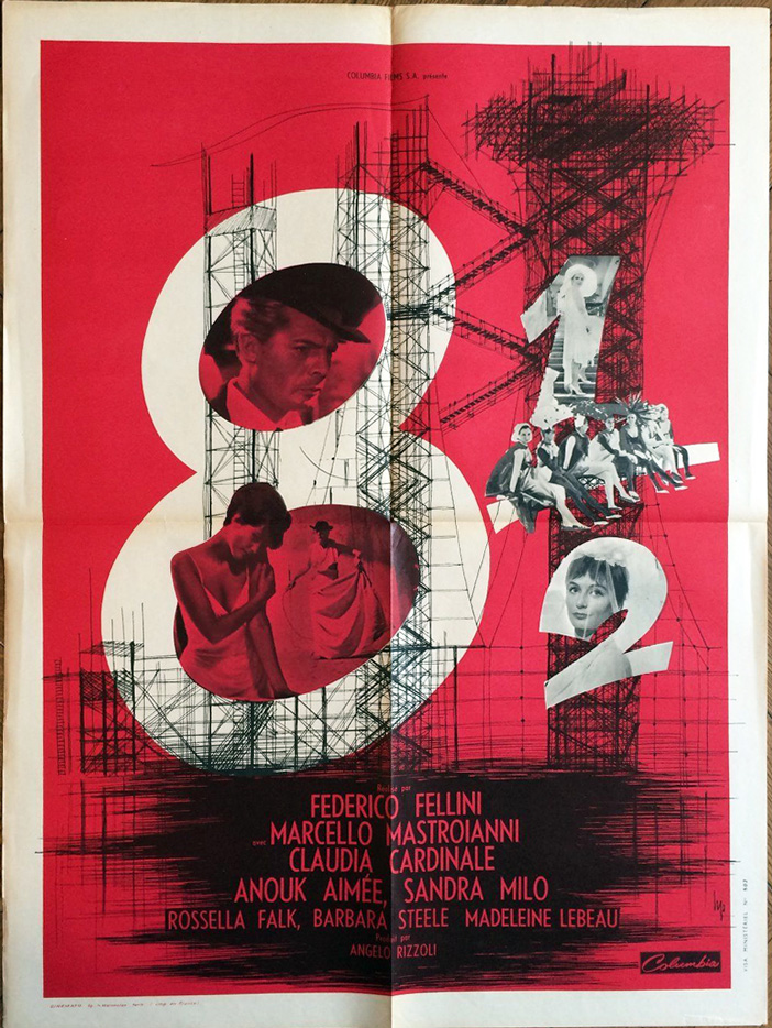 1963 French SS/Folded (24x32in) 8½ poster printed by Cinémato. Film directed by Federico Fellini, starring Marcello Mastroianni, Claudia Cardinale, Anouk Aimée, Sandra Milo, Rossella Falk, Barbara Steele, Madeleine Lebeau, Caterina Boratto.