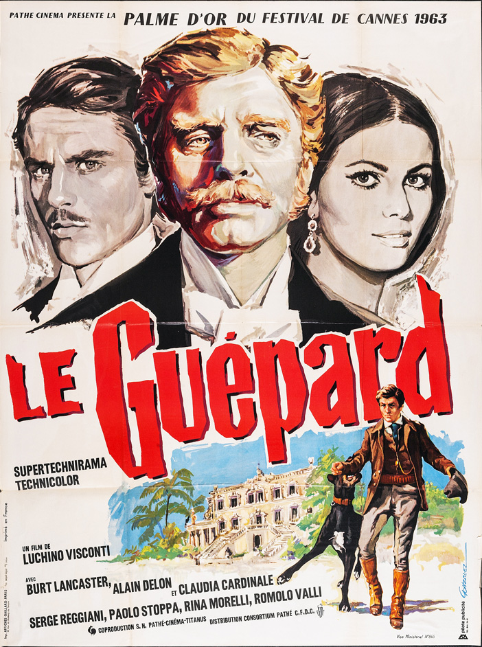 1963 French SS/Folded (47x63in) 8½ poster designed by Gonzalez & printed by Gaillard. Film directed by Luchino Visconti, starring Burt Lancaster, Claudia Cardinale, Alain Delon, Paolo Stoppa, Rina Morelli, Romolo Valli, Terence Hill, Pierre Clémenti, Lucilla Morlacchi.