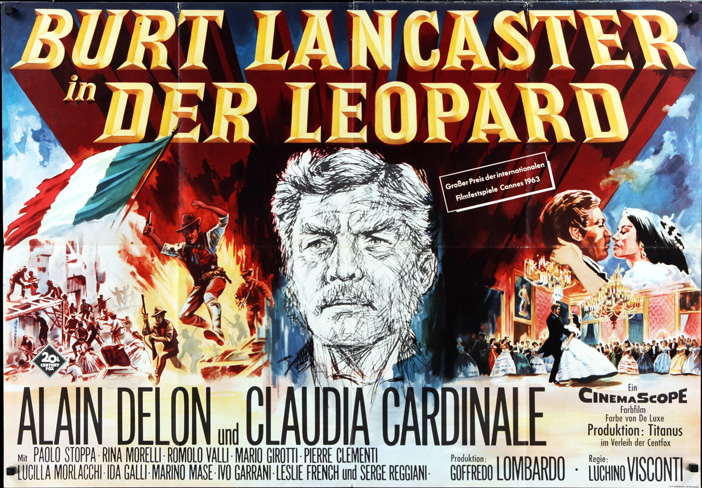 1963 German A0 SS/Folded (33x46in) 8½ poster designed by Erich Meerwald. Film directed by Luchino Visconti, starring Burt Lancaster, Claudia Cardinale, Alain Delon, Paolo Stoppa, Rina Morelli, Romolo Valli, Terence Hill, Pierre Clémenti, Lucilla Morlacchi.