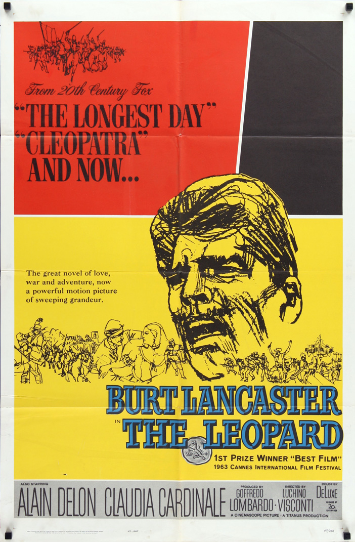 1963 US SS/Folded 8½ poster. Film directed by Luchino Visconti, starring Burt Lancaster, Claudia Cardinale, Alain Delon, Paolo Stoppa, Rina Morelli, Romolo Valli, Terence Hill, Pierre Clémenti, Lucilla Morlacchi, Giuliano Gemma.