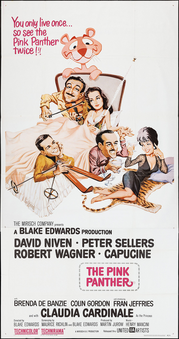 1964 US 3 Sheet SS/Folded (41x81in) The Pink Panther poster designed by Jack Rickard. Film directed by Blake Edwards, starring David Niven, Peter Sellers, Robert Wagner, Capucine, Claudia Cardinale, Brenda De Banzie, Colin Gordon, Fran Jeffries.
