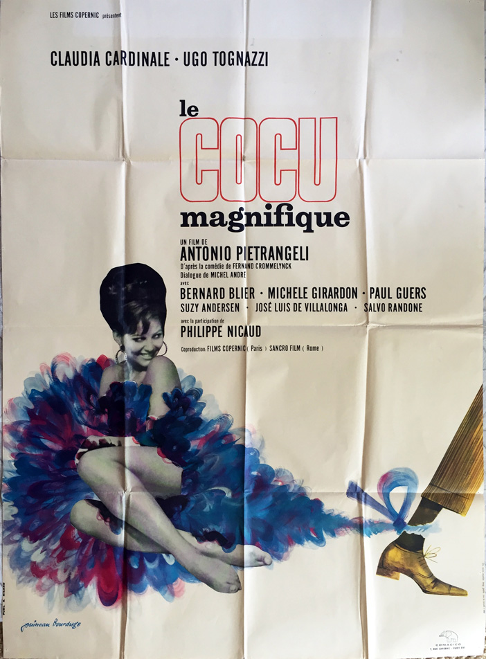 1965 French SS/Folded (47x63in) The Magnificent Cuckold poster designed by Jouineau Bourduge & printed by St. Martin, Paris. Film directed by Antonio Pietrangeli, starring Claudia Cardinale, Ugo Tognazzi, Bernard Blier, Michèle Girardon, Paul Guers.