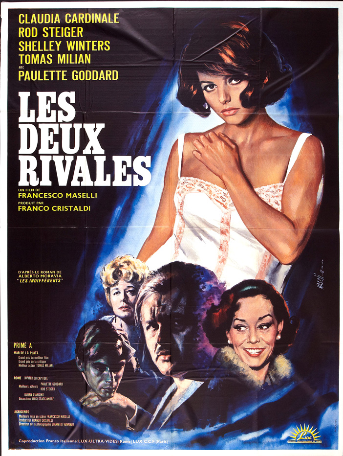 1965 French SS/Folded (47x63in) Time of Indifference poster designed by Jean Mascii & printed by St. Martin, Paris. Film directed by Francesco Maselli, starring Rod Steiger, Shelley Winters, Claudia Cardinale, Paulette Goddard, Tomas Milian.