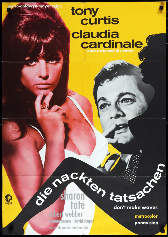 1967 German A1 SS/Folded (23x33in) Don’t Make Waves poster. Film directed by Alexander Mackendrick, starring Tony Curtis, Claudia Cardinale, Robert Webber, Joanna Barnes, Sharon Tate, David Draper, Mort Sahl, Dub Taylor, Ann Elder.