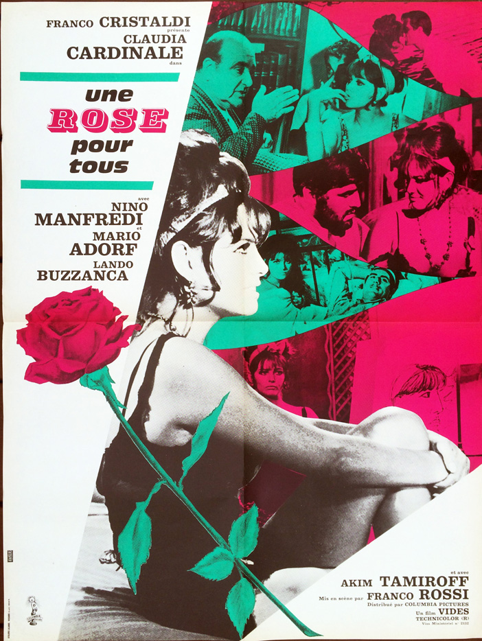 1967 French SS/Folded (24x32in) A Rose for Everyone poster printed by Ateliers Lalande. Film directed by Franco Rossi, starring Claudia Cardinale, Nino Manfredi, Mario Adorf, Lando Buzzanca, Akim Tamiroff, José Lewgoy, Milton Rodríguez.