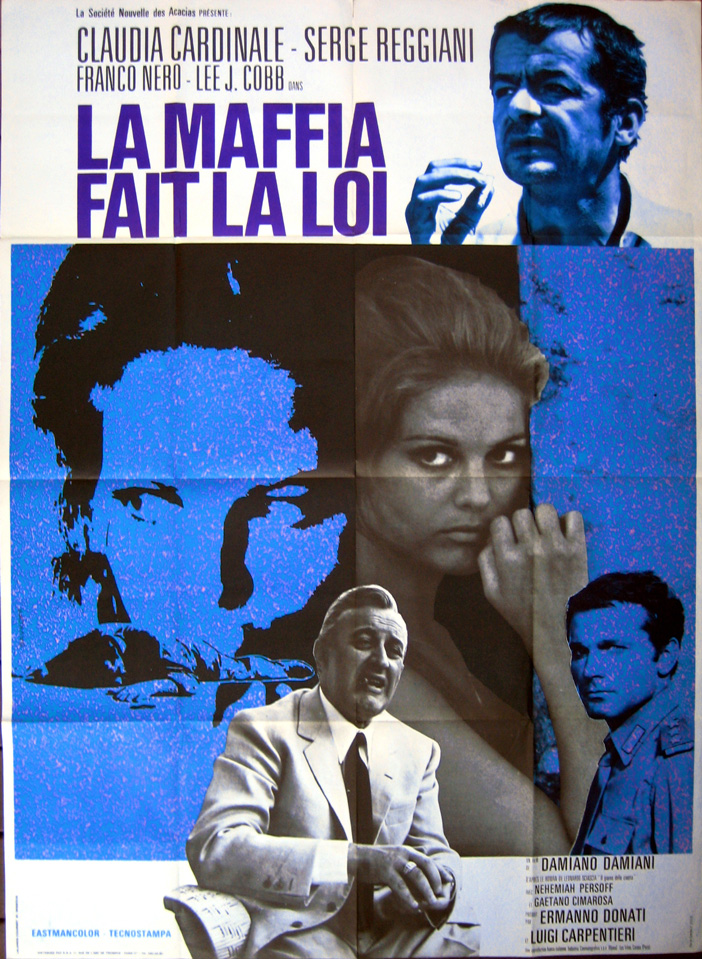 1968 French SS/Folded (47x63in) Mafia poster. Film directed by Damiano Damiani, starring Claudia Cardinale, Franco Nero, Lee J. Cobb, Serge Reggiani, Tano Cimarosa, Nehemiah Persoff, Ennio Balbo, Fred Coplan.