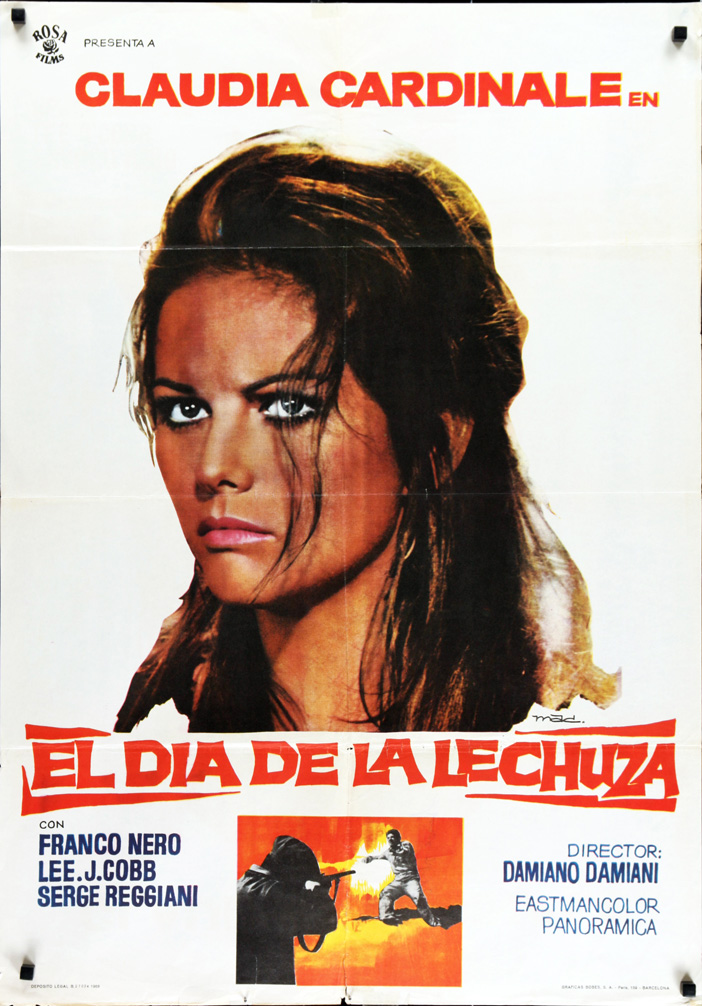 1968 Spanish SS/Folded (27x39in) Mafia poster designed by Macario “Mac” Gomez. Film directed by Damiano Damiani, starring Claudia Cardinale, Franco Nero, Lee J. Cobb, Serge Reggiani, Tano Cimarosa, Nehemiah Persoff, Ennio Balbo, Fred Coplan.