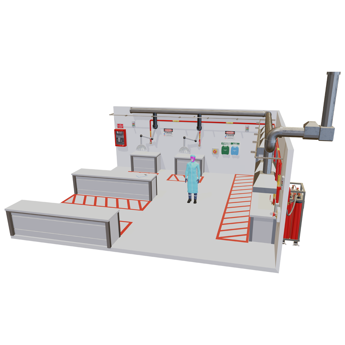Verciti’s 3D hydrogen facility learning environment, with industrial equipment and a digital operator.