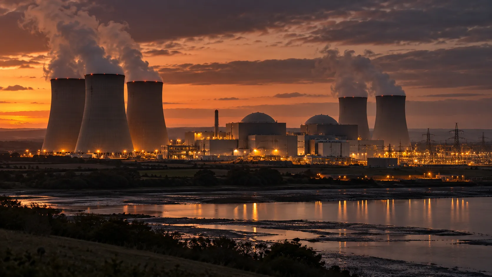 Illustrative nuclear power station at dusk
