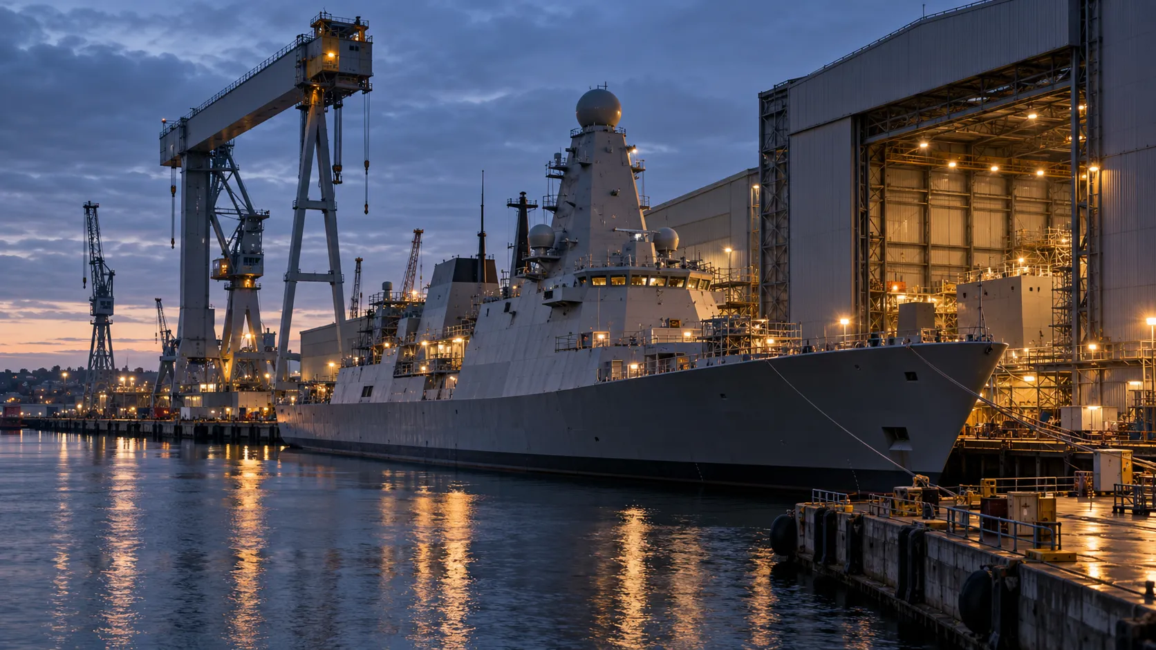 Illustrative naval vessel in a dockyard