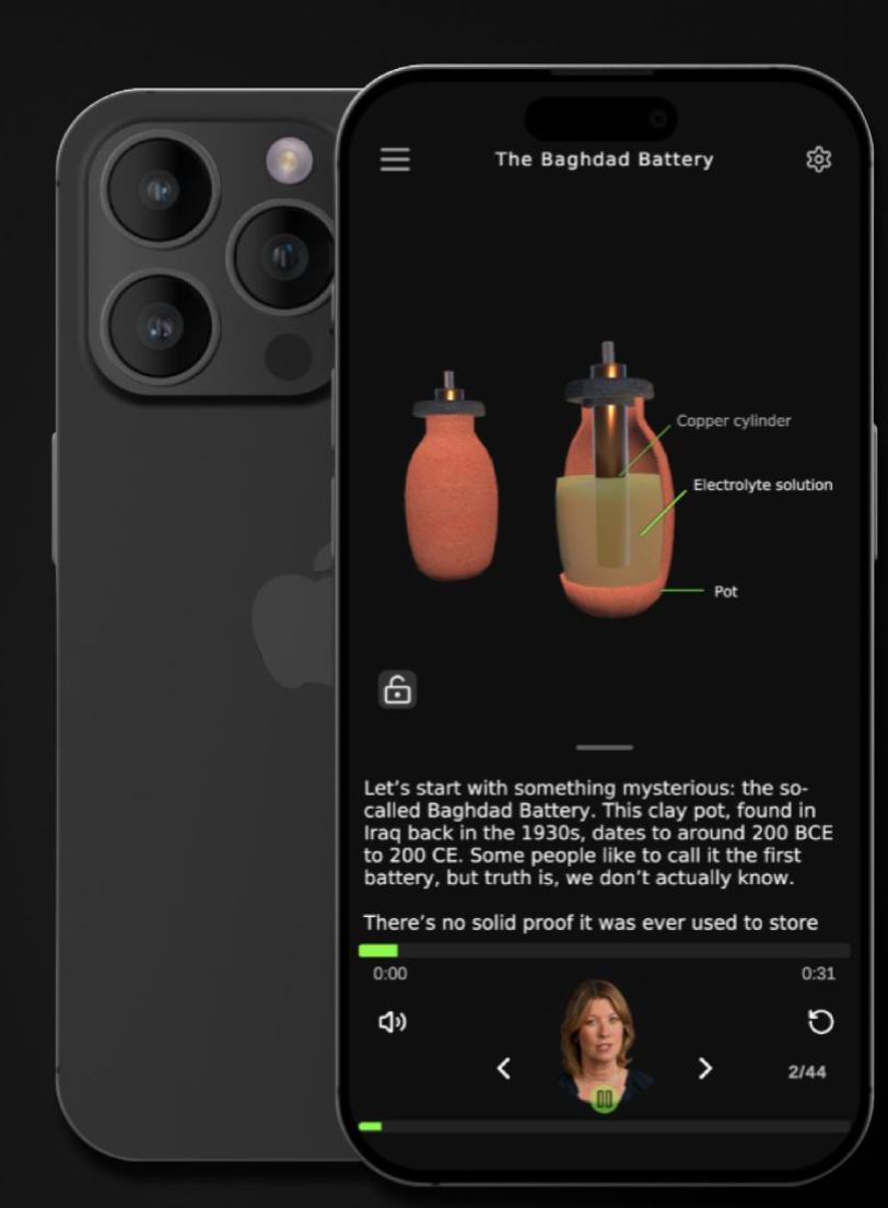 Verciti mobile app preview showing an interactive battery model, labelled components and guided learning.