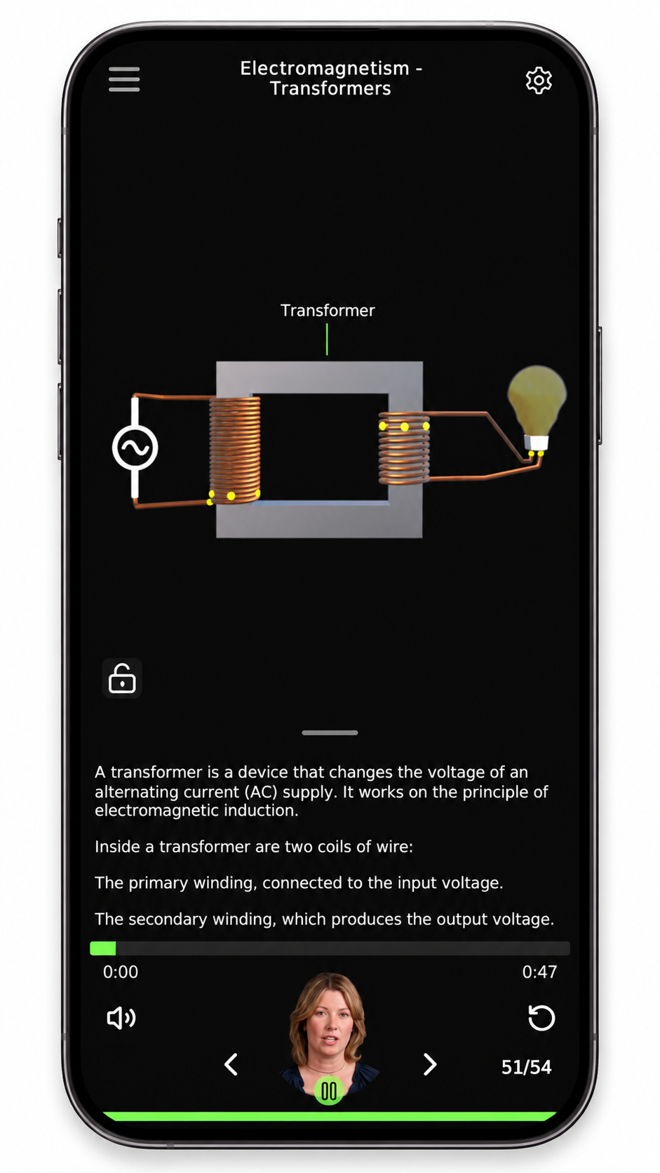 Verciti immersive learning app showing a 3D transformer model, lesson text and presenter on a smartphone.
