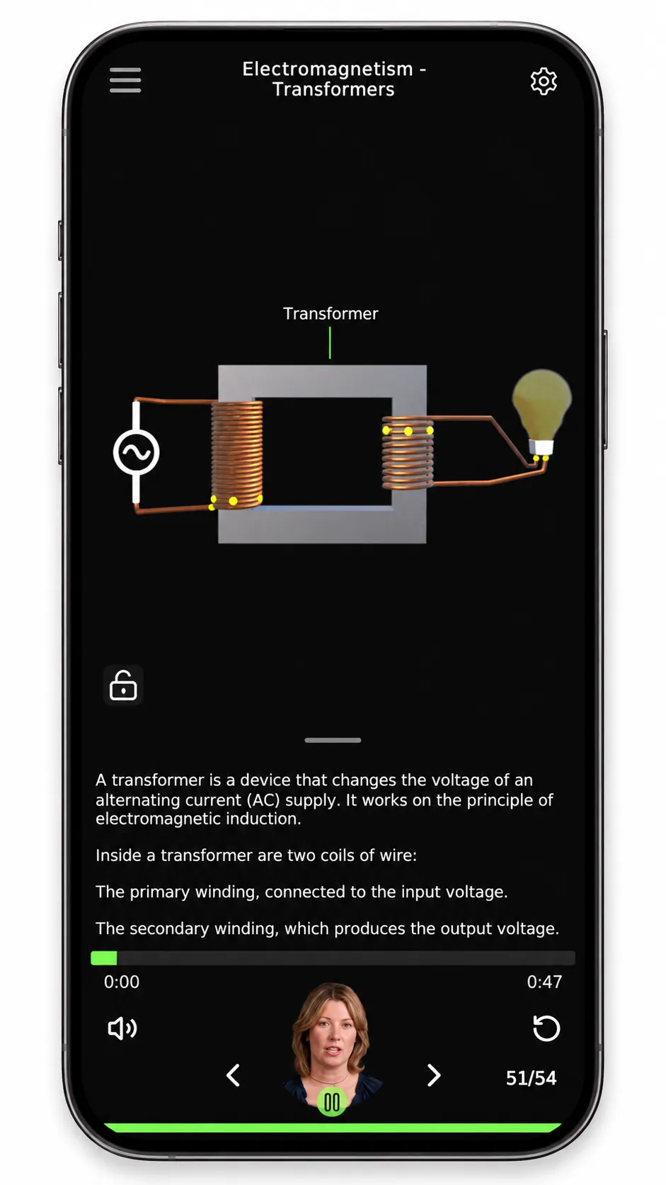 Verciti mobile app displaying a transformer model, guided lesson text and playback controls.