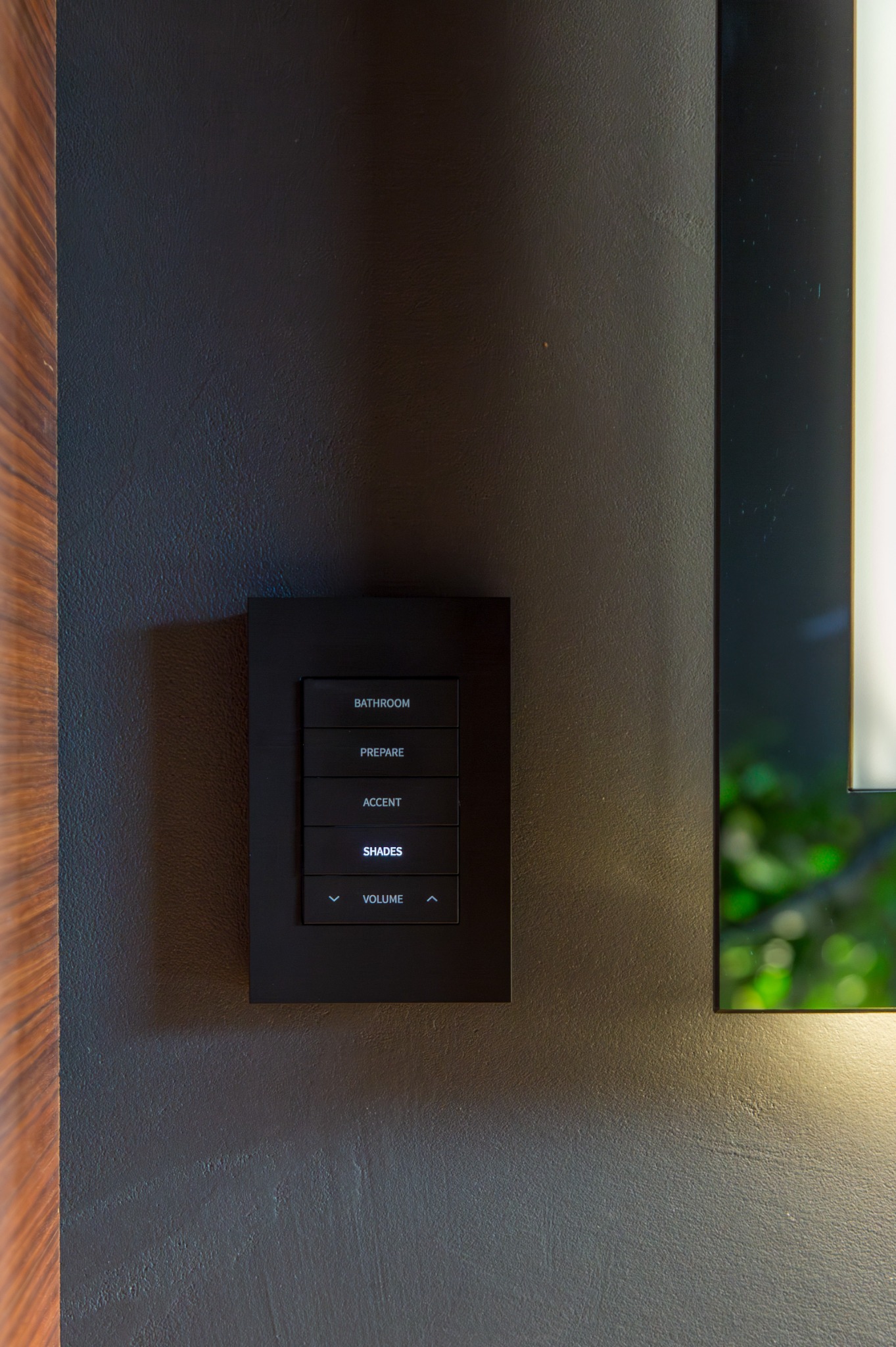 Custom engraved wall keypad for lighting, shades and audio control