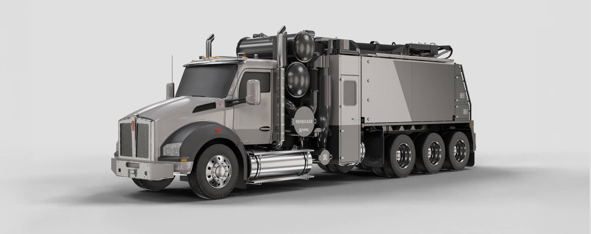 The new Rebel Renegade truck being shown in a wide shot in front of the Rebel offices