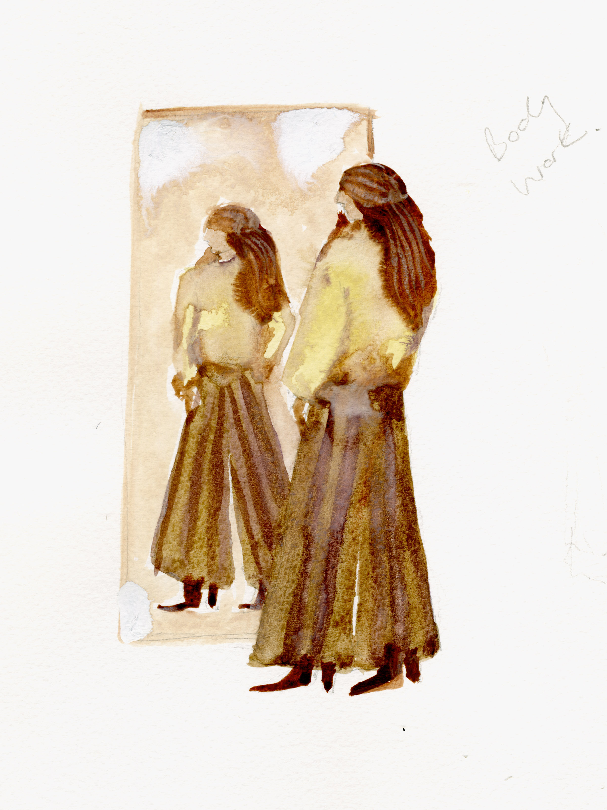 A watercolor illustration in warm colors featuring a woman looking at her outfit in the mirror.