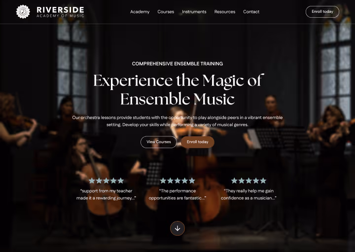 Riverside Academy of Music webpage banner showing musicians playing string instruments in an ensemble with text promoting comprehensive ensemble training and course enrollment. - Muserna