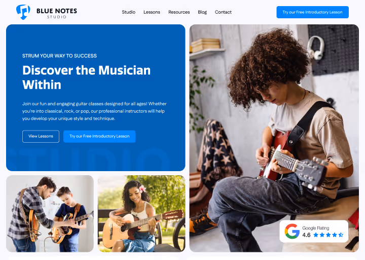 Website homepage of Blue Notes Studio offering guitar lessons with images of diverse people playing guitar and call-to-action buttons. - Muserna