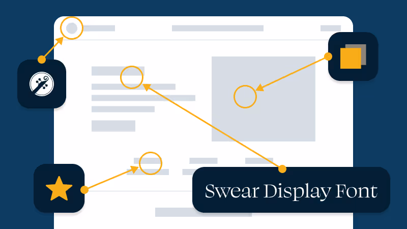 Graphic showing a webpage layout with callouts highlighting the use of Swear Display Font and other design elements like an anchor icon, a star, and a square shape. - Muserna