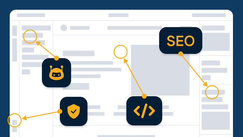 Browser window mockup with icons for chatbot, security shield, code, and SEO linked to different page sections. - Muserna