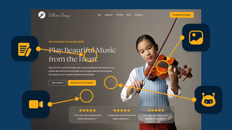 Website homepage for Sullivan Strings featuring a girl playing violin, with navigation menu, lesson scheduling button, and student testimonials. - Muserna