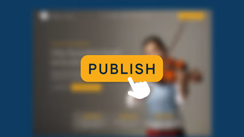 Cursor hand cursor clicking on a yellow 'PUBLISH' button in front of a blurred background with a child holding a violin. - Muserna