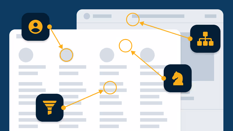 Illustration of overlapping website or application windows with user profile, filter funnel, chess knight, and hierarchical structure icons connected by yellow lines to various points on the windows. - Muserna