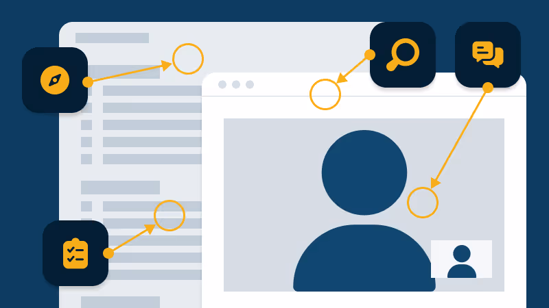 Illustration of a digital planning interface with icons for navigation, checklist, search, and chat beside a video call window showing a user silhouette. - Muserna