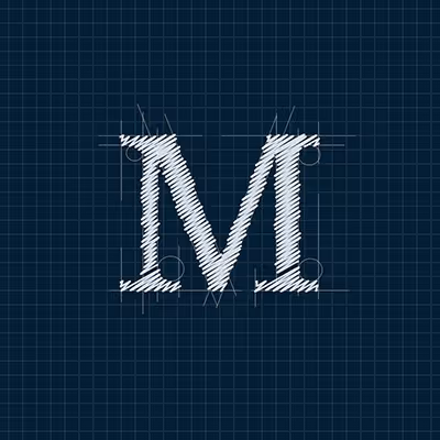 Capital letter M sketched in white on a blue grid blueprint background. - Muserna