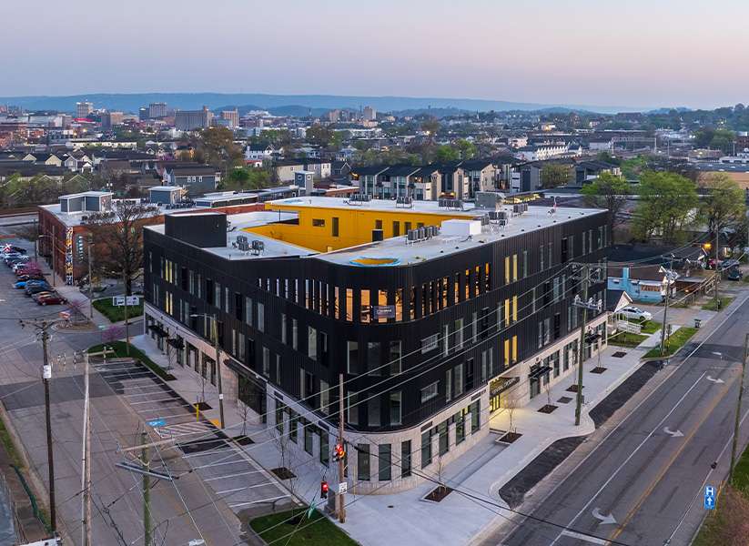Exterior Rendering of Central Crossing, showing off flat iron design