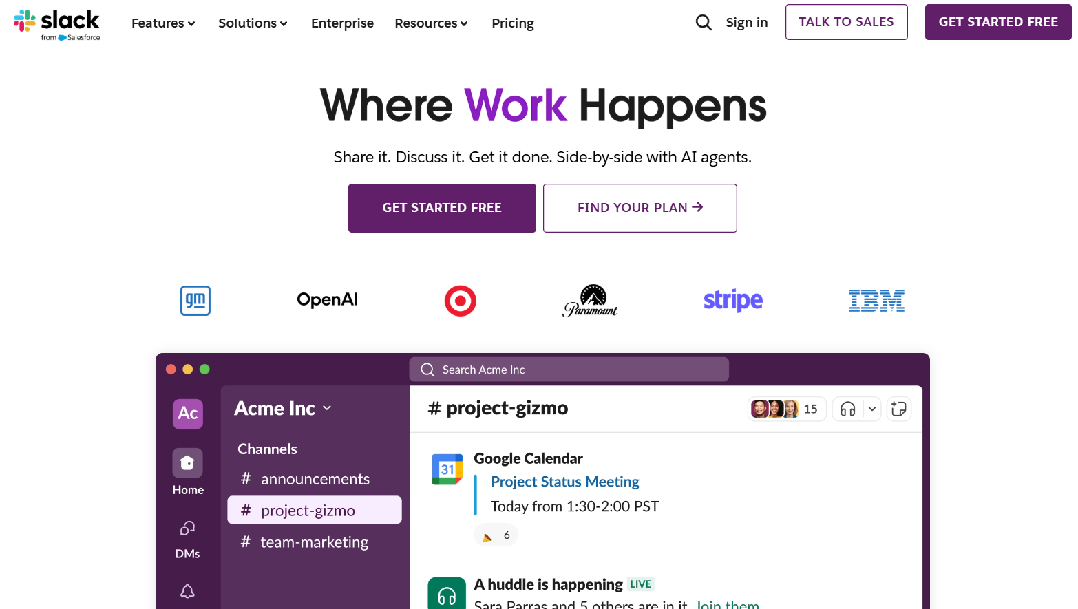 Slack's home page messaging focusing on remote work.