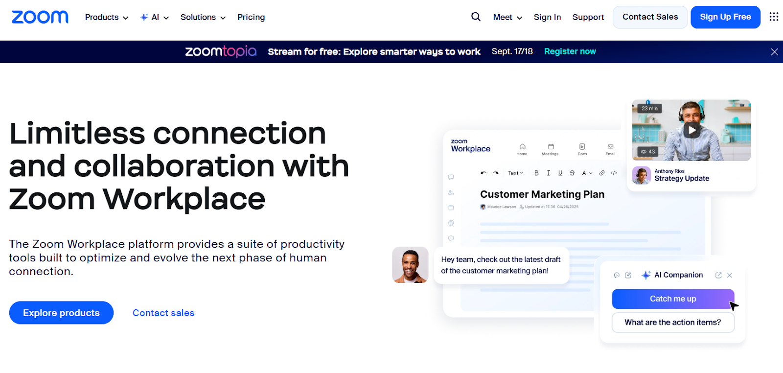 Screenshot of Zoom's home page messaging about remote work collaboration via video conferencing.