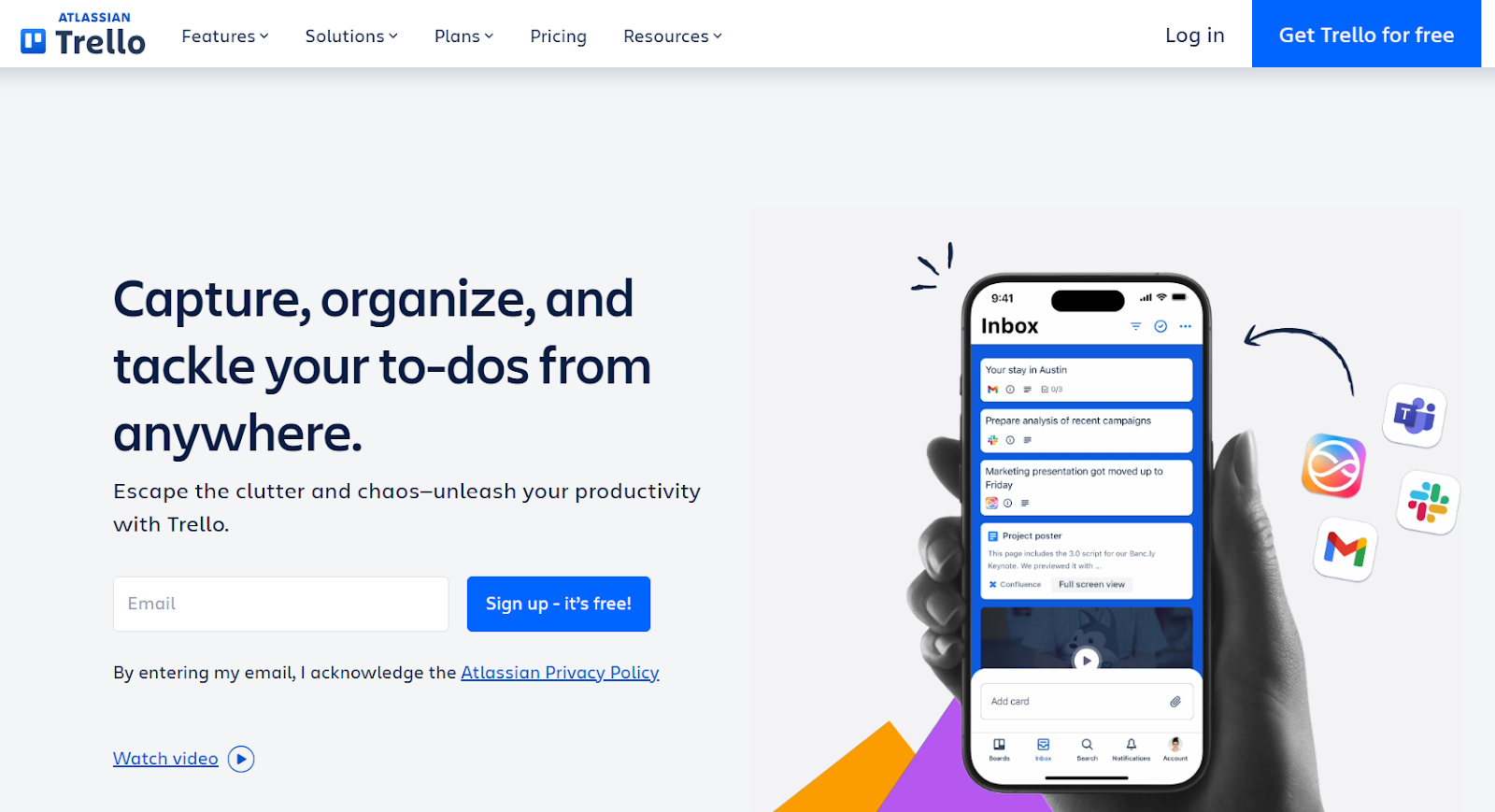 Trello's home page messaging about task completion from anywhere.