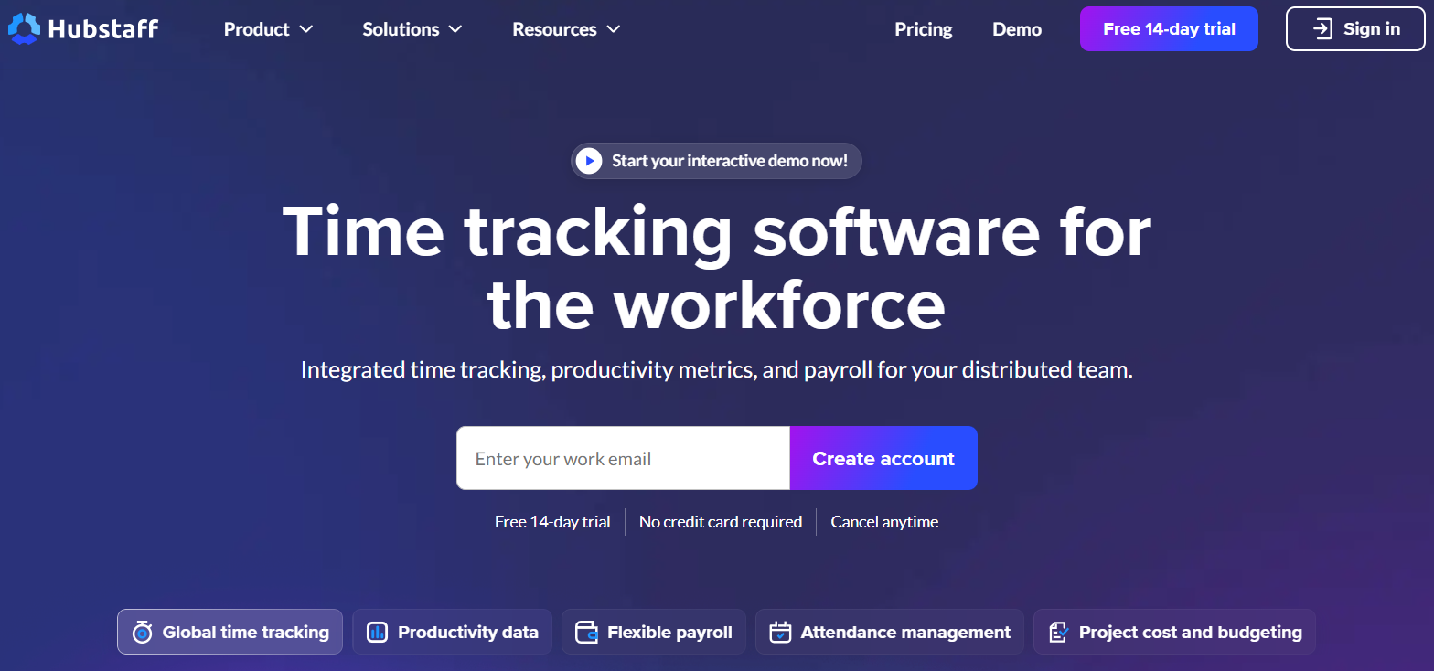 Hubstaff's home page messaging about time tracking software the remote workflorce