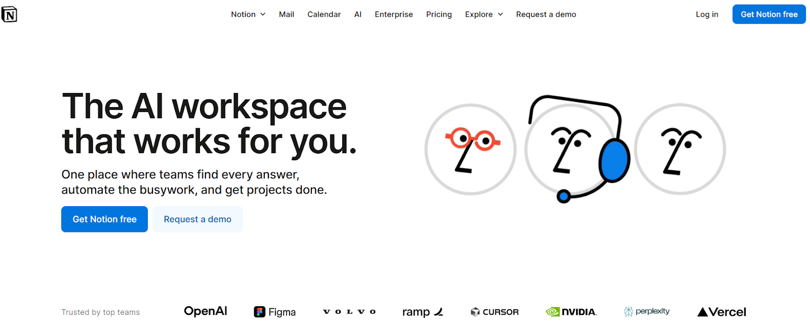 Notions home page messaging about an AI workspace for in-person and remote work