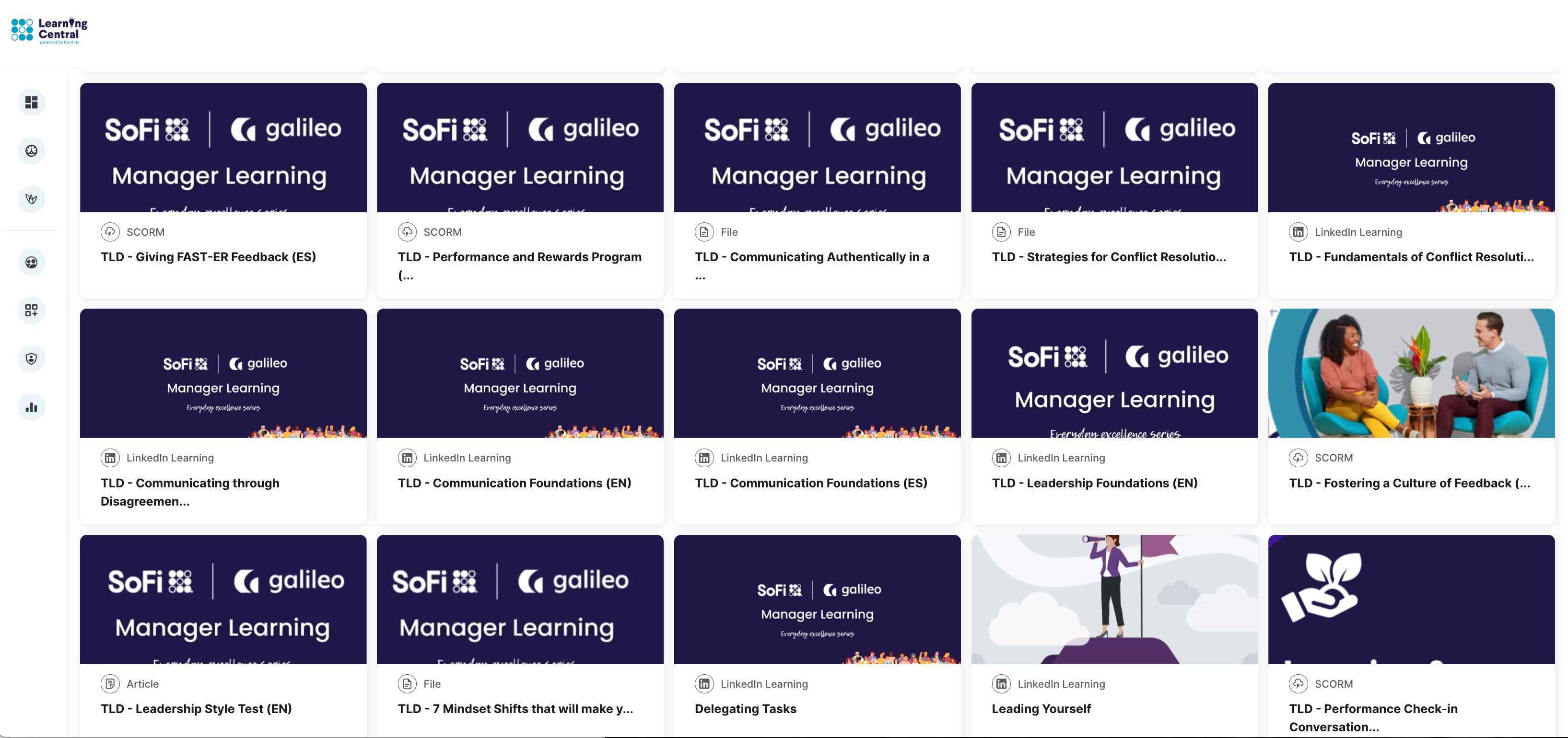 SoFi's Explore dashboard in Continu that houses their learning content library