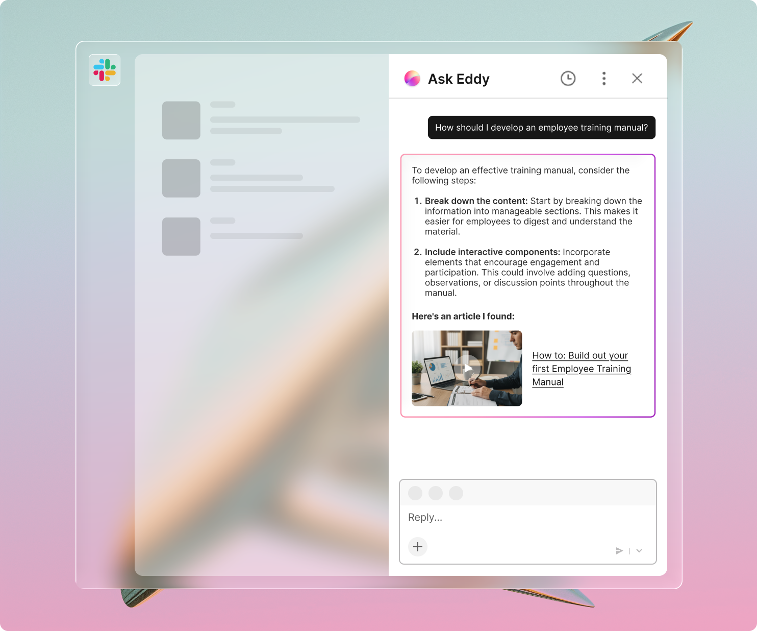 An example of a Slack thread with an AI Learning Agent (Eddy).