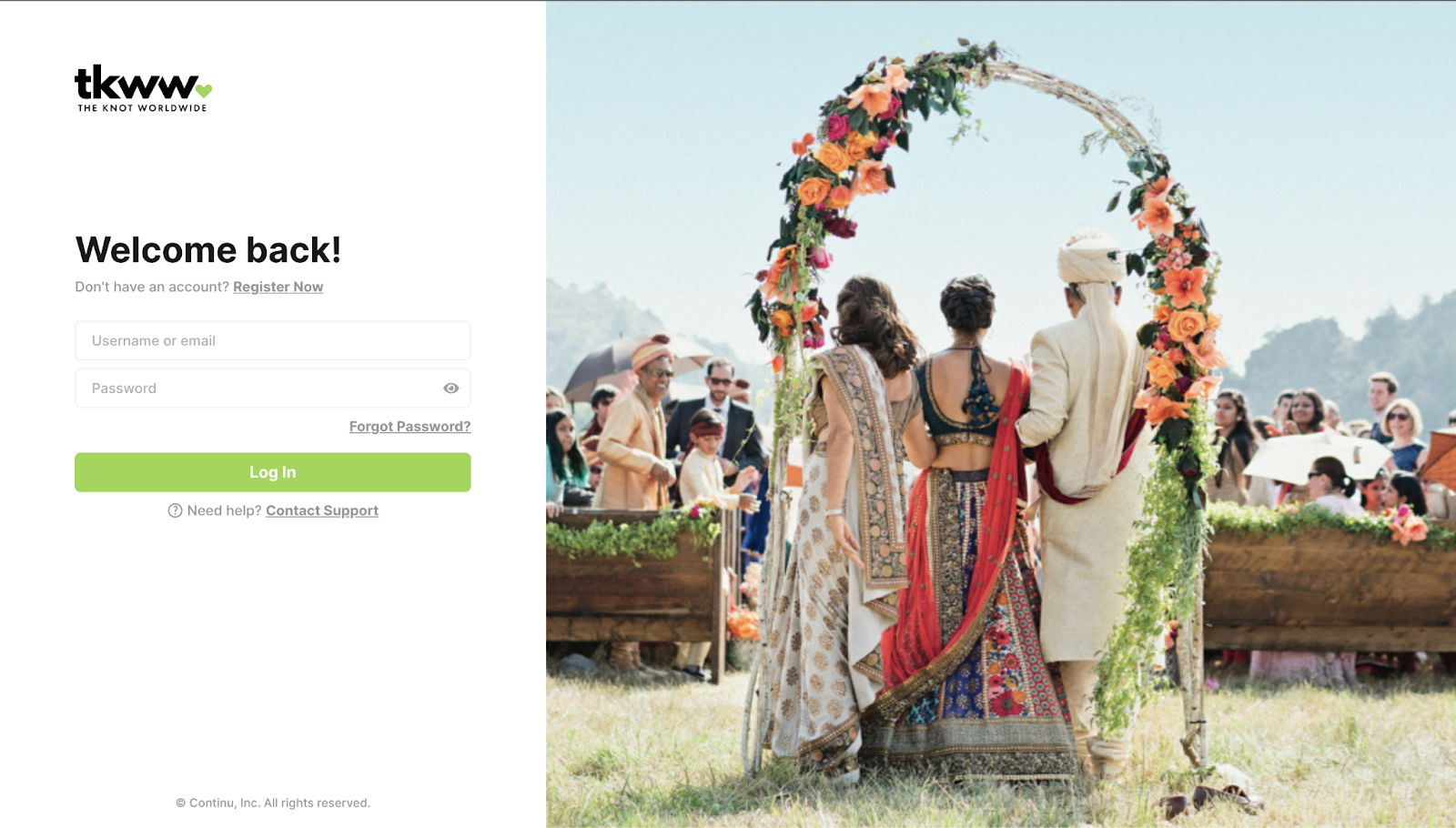 The Knot Worldwide branded login screen for their Continu LMS instance.