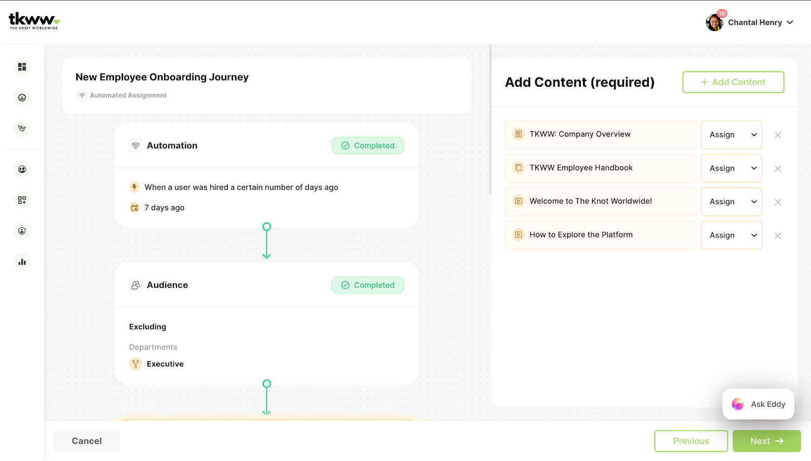 An automated onboarding journey built with Continu's Assignments feature.