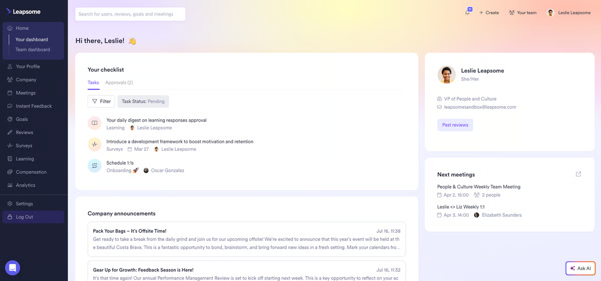 Leapsome performance management and learning platform dashboard