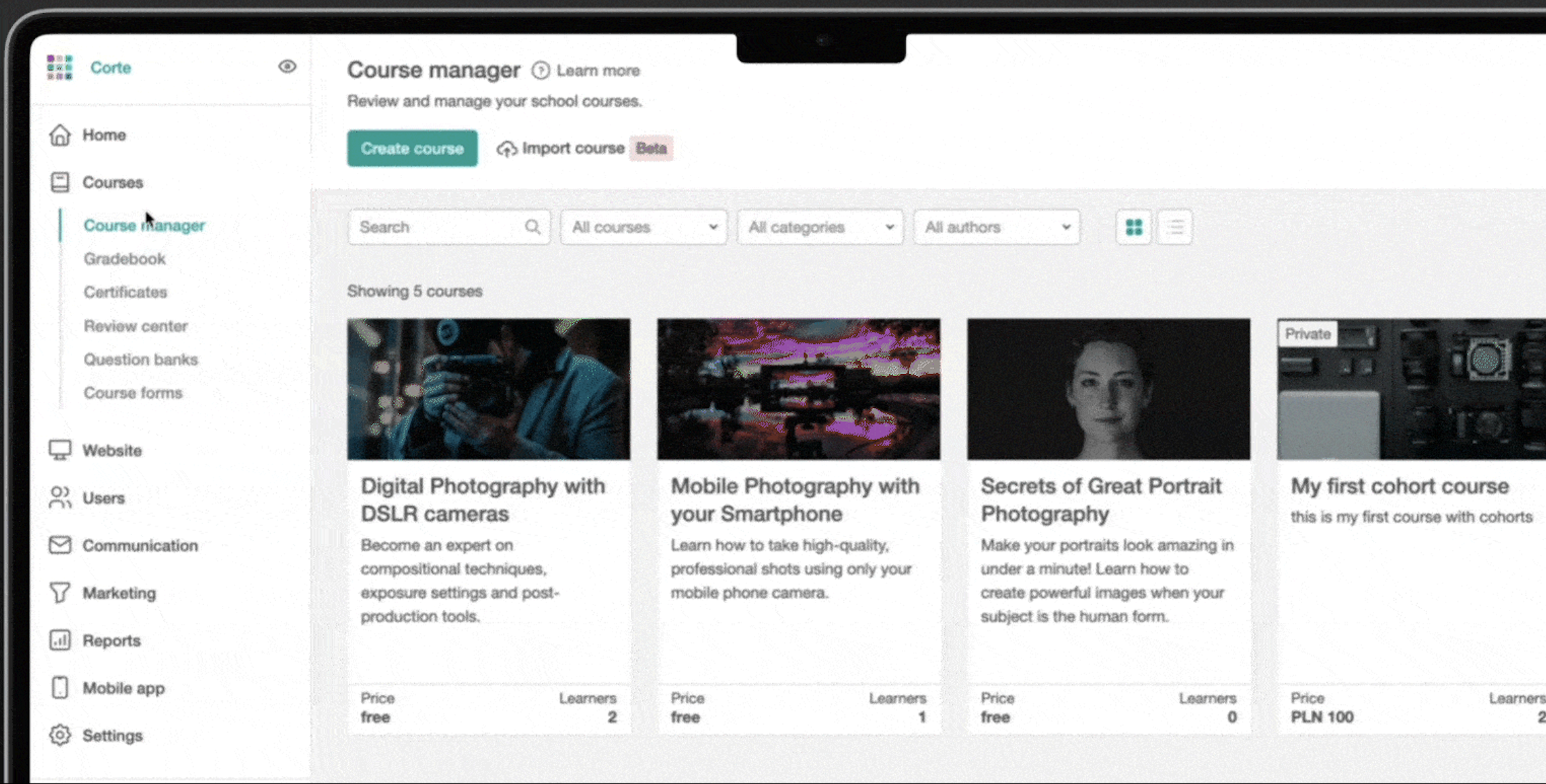 Learnworlds online course creation platform interface